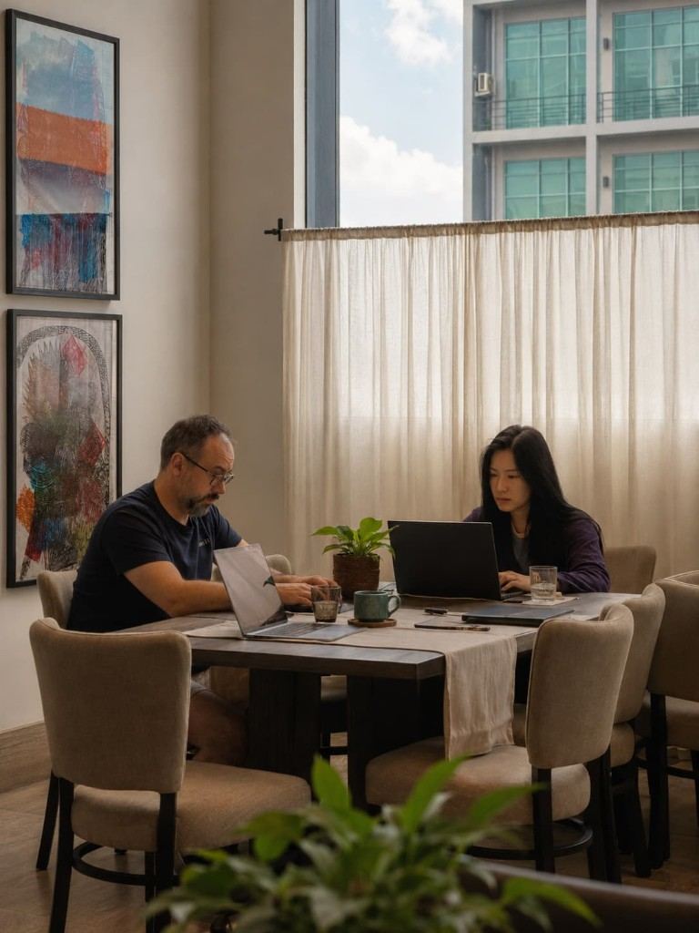 Two guests working on laptops at a shared table in Kāffi Colombo