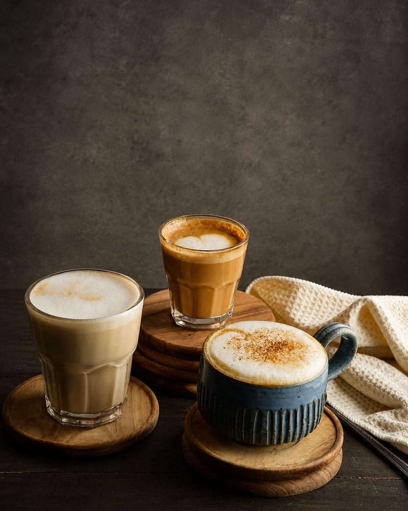 Latte, cortado and cappuccino served in glass and hand-thrown ceramic at Kāffi, Colombo 03