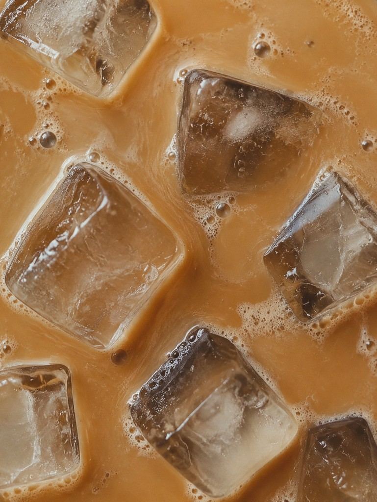 Close-up of iced coffee with clear ice cubes